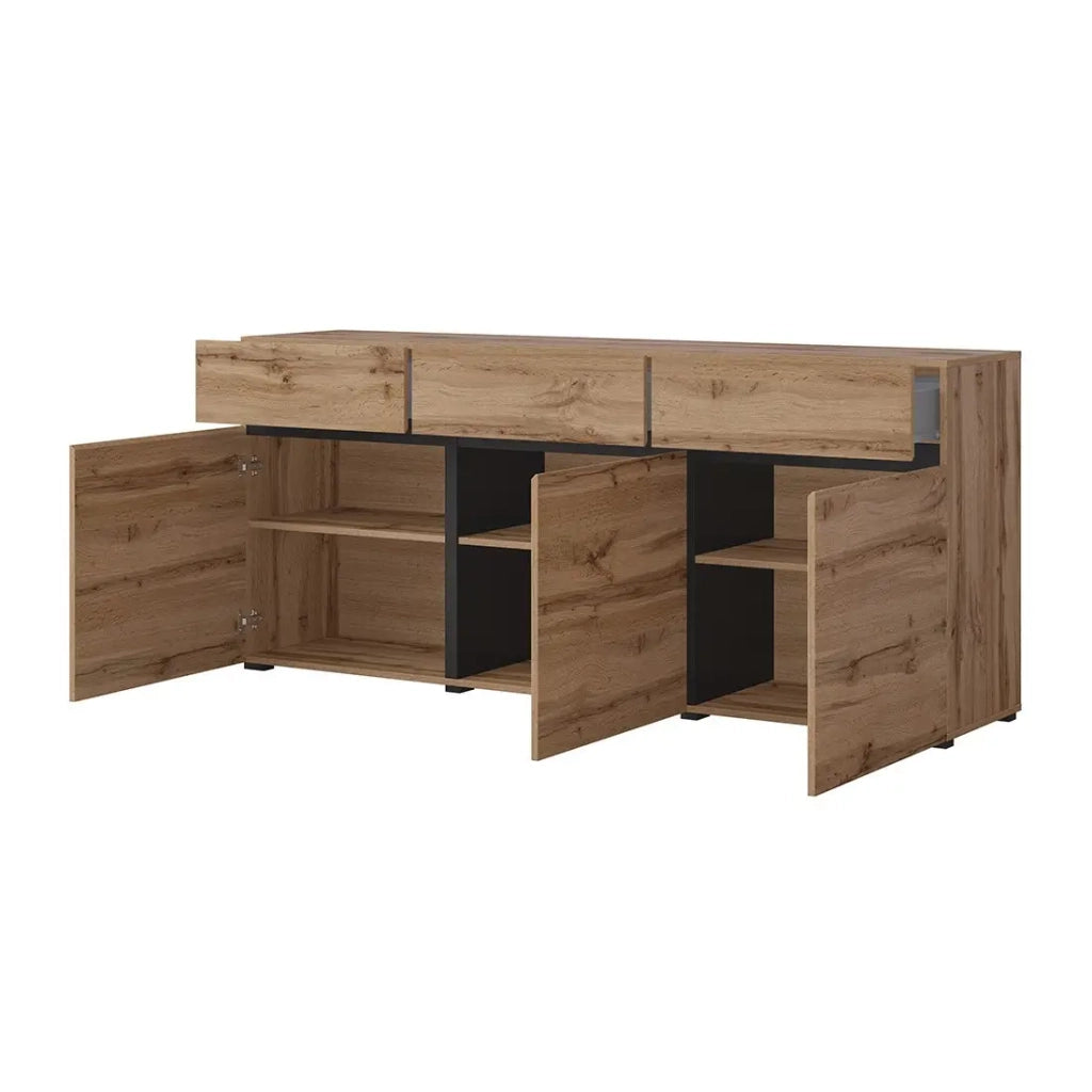 Buffet coloris chêne et noir 180cm collection HAVANA. Credenza design con 3 porte e 3 cassetti.