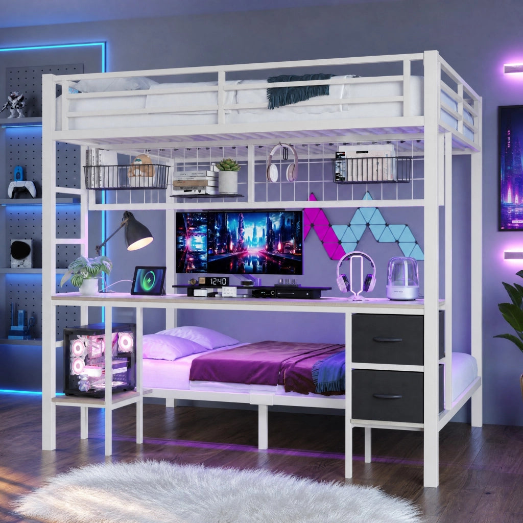 Letto a soppalco 140x200 cm con scrivania, LED e USB bianco