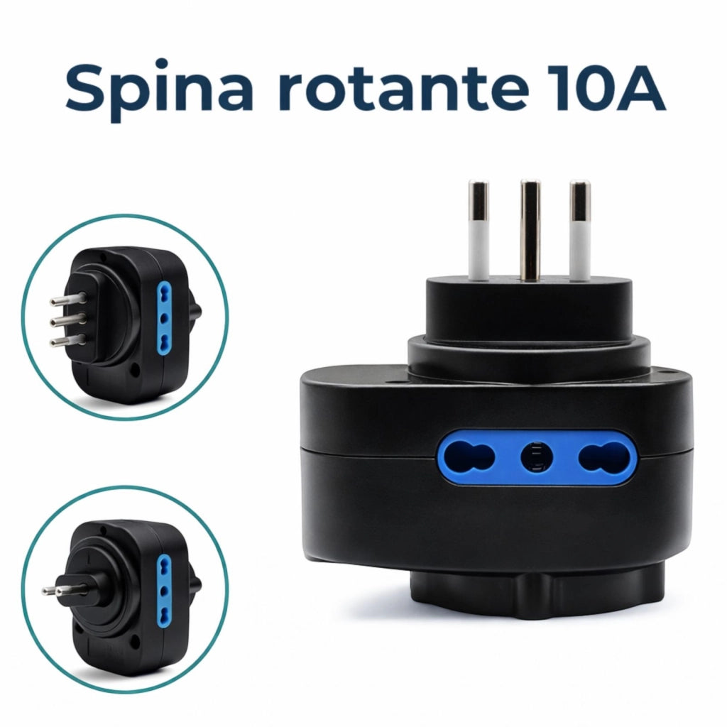 Adattatore Rotante Spina 10A con 2 Prese 2P+T e Presa Bipasso Schuko Protezione Sovraccarico 1500W | 1080N