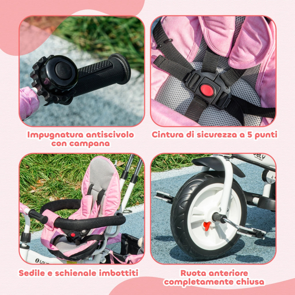 Triciclo 6 in 1 per Bambini ¨C Xylo ¨C con Maniglione, Tettuccio Regolabile e Cintura di Sicurezza, Rosa, 1-5 Anni
