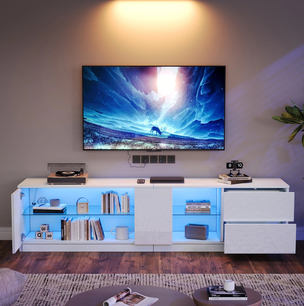 Mobile TV bianco lucido 160x40x52 cm con LED, 2 cassetti e anta