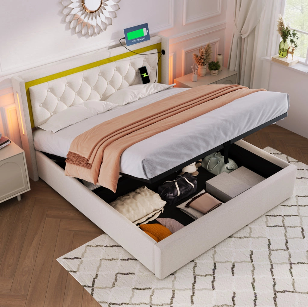 Letto matrimoniale imbottito con contenitore; LED; USB e Type-C 140x200 cm; beige chiaro