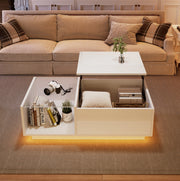 Tavolino da salotto sollevabile con LED smart; 100x50x33 cm; bianco lucido in truciolare
