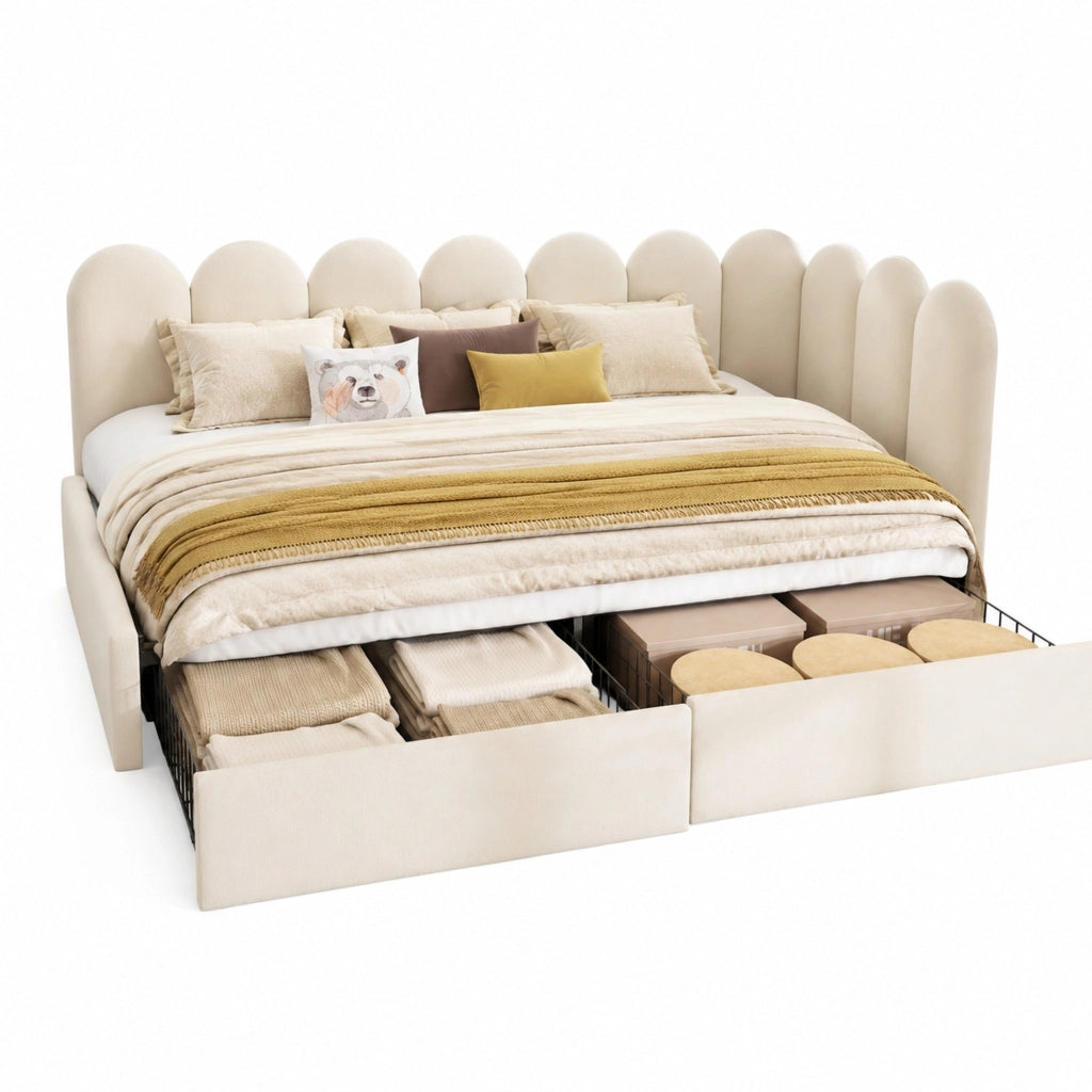 Letto singolo imbottito 90x200 cm con 2 cassetti e rete a doghe; velluto beige