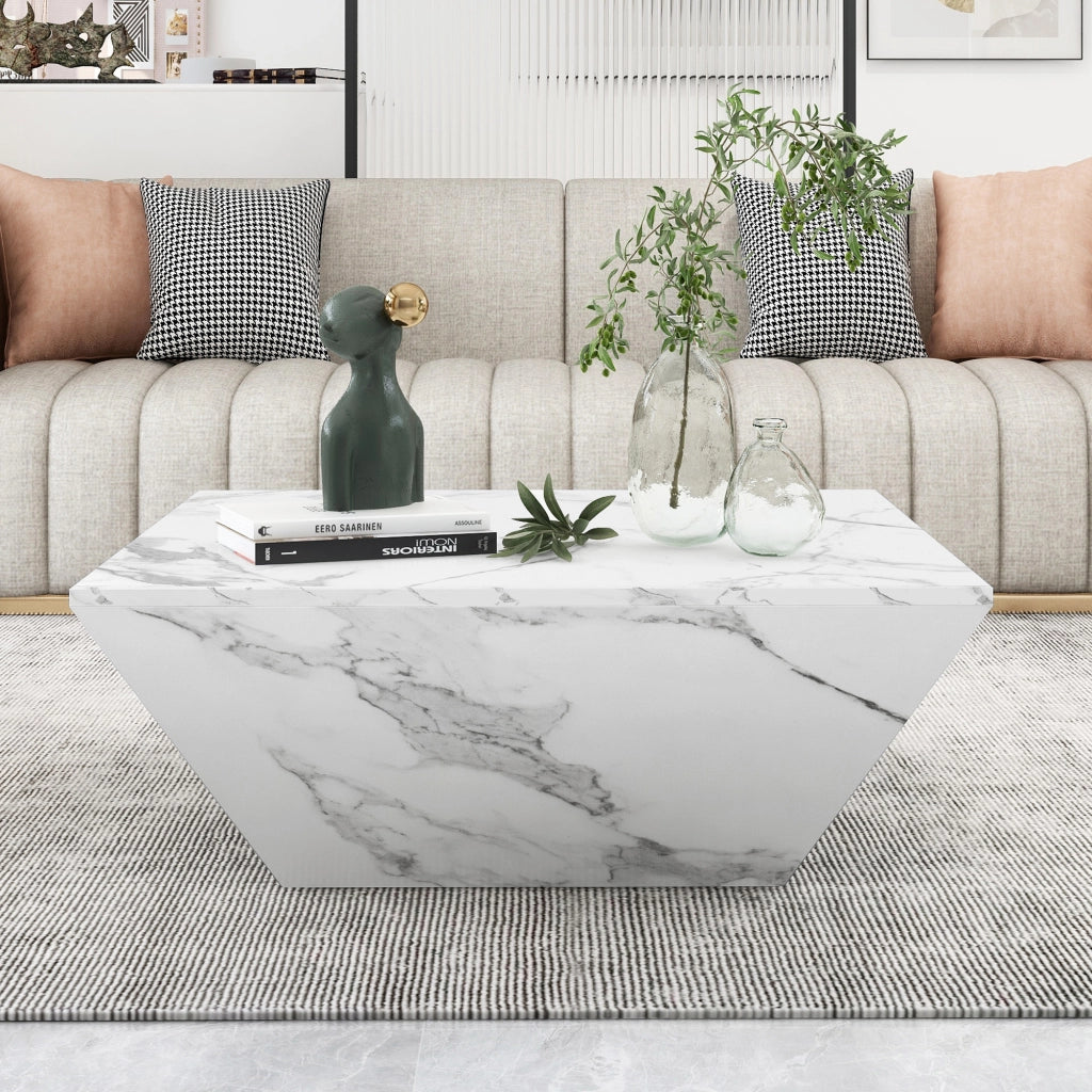TAVOLINO DA CAFFÈ trapezoidale 70x70x37 cm bianco in MDF effetto marmo, con 2 cassetti