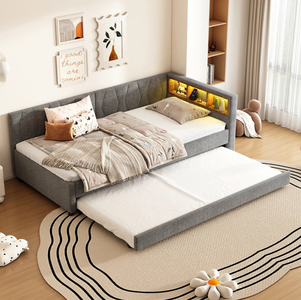 Letto estraibile multifunzione con luci LED e vani portaoggetti