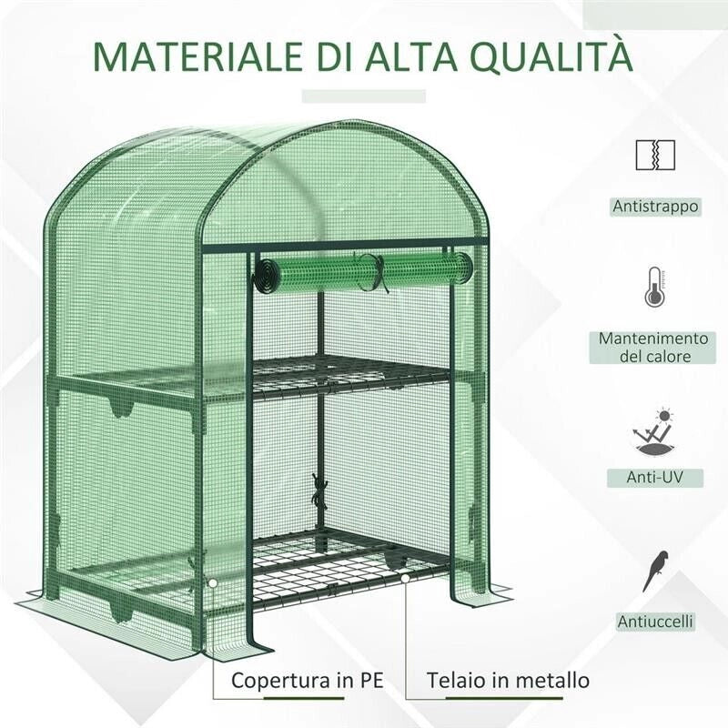 MINI SERRA DA GIARDINO CON 2 RIPIANI IN METALLO E COPERTURA  69X49X92CM VERDE