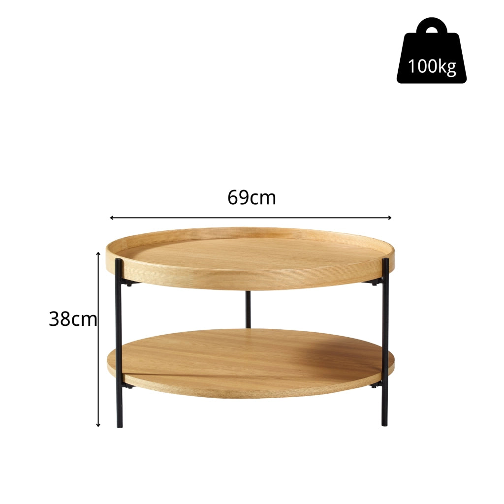 Tavolino basso rotondo con 2 ripiani, design moderno, in legno massello e MDF, naturale, per soggiorno, 69 × 69 × 38 cm
