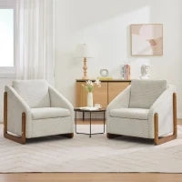 Poltrona d'arredo per soggiorno con braccioli in legno, cuscino posteriore e tessuto in chenille, 73.5x73.5x73.5 cm, Beige