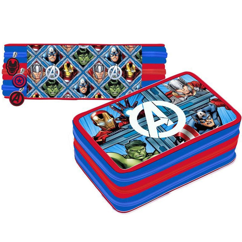 Trade Shop - Astuccio Portapastelli Scuola 3 Zip Cerniera Avengers Supereroi Accessoriato -