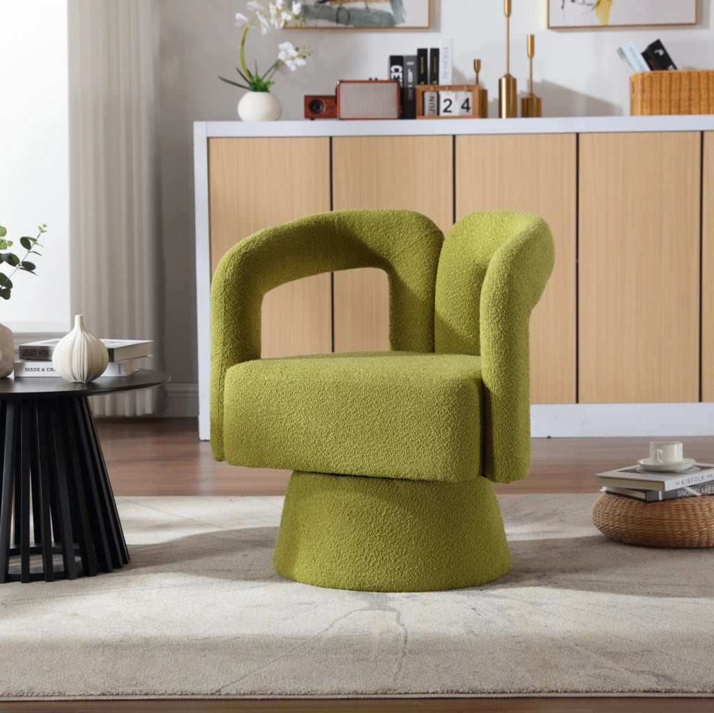 Poltrona girevole a 360° in tessuto bouclé verde oliva