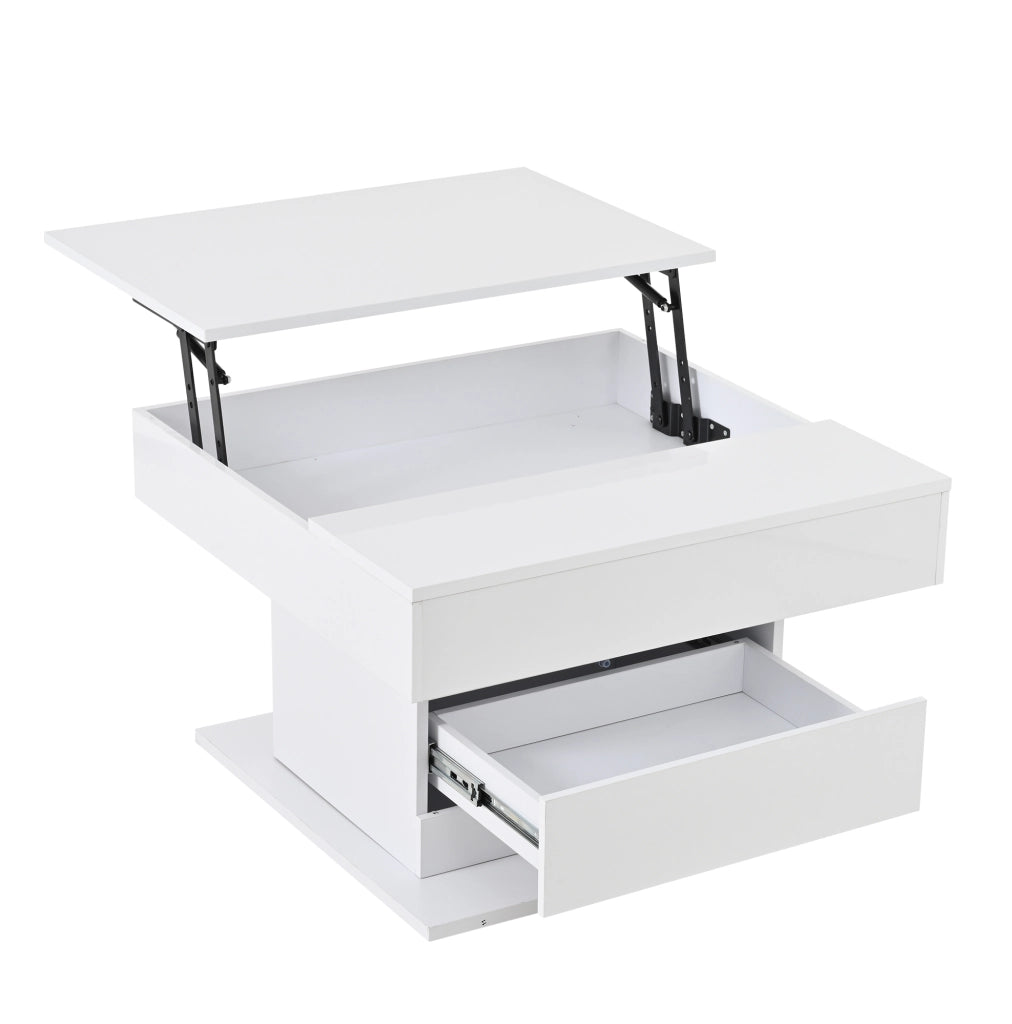 Tavolino da caffè quadrato 70x70x45 cm con piano sollevabile e rotazione 360°; bianco lucido