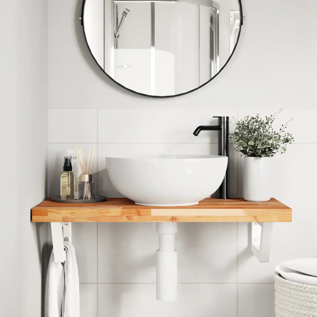 Ripiano a Parete per Lavabo-Mensole a Muro in Acciaio e Massello di Acacia 659025