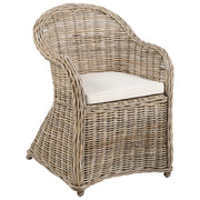 Poltrona da giardino in rattan naturale con cuscino di seduta in cotone bianco sporco per interni ed esterni