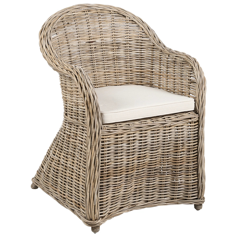 Poltrona da giardino in rattan naturale con cuscino di seduta in cotone bianco sporco per interni ed esterni