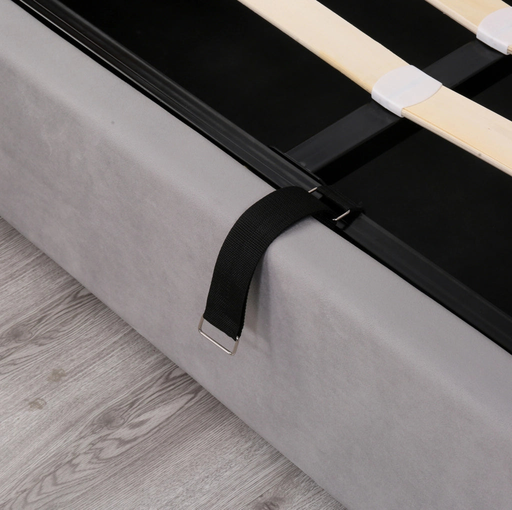 Letto imbottito in velluto grigio con contenitore e rete a doghe
