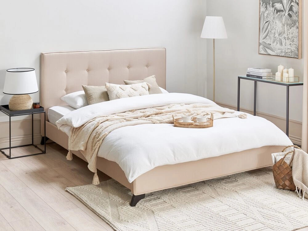Letto Matrimoniale in Tessuto Beige Testiera Trapuntata 160 x 200 cm