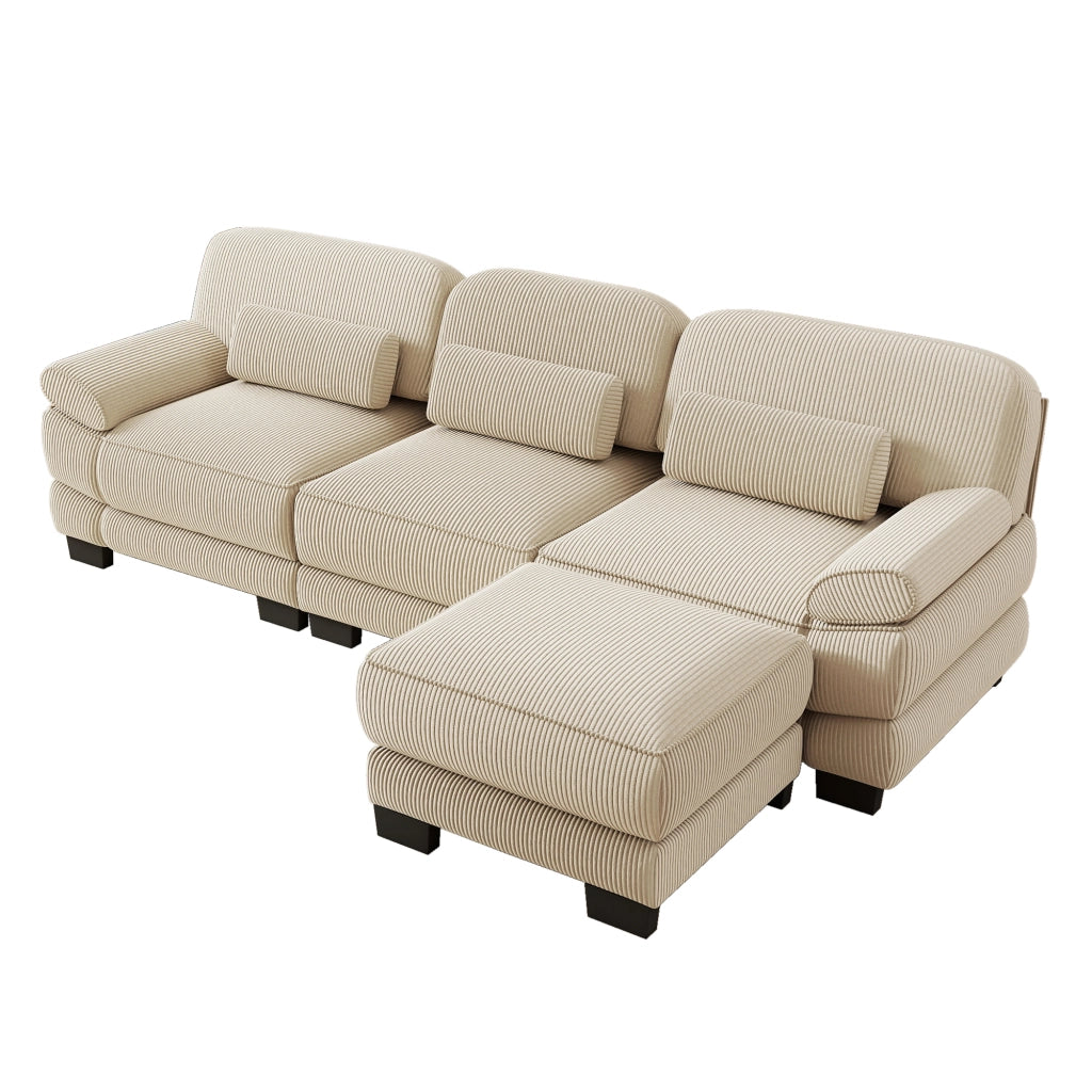 Divano modulare 3 posti a L con pouf e cuscino lombare in velluto a coste beige