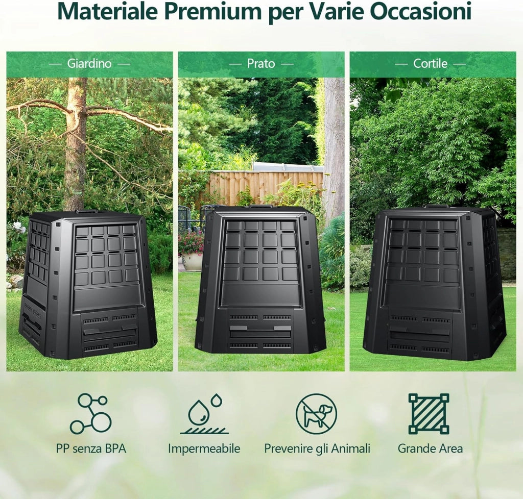 Compostiera da Giardino da 380L, Bidone per Compostaggio da Esterno con Coperchio e Prese d'Aria Regolabili, Barile per Compost per Creare Terreno Fertile Velocemente