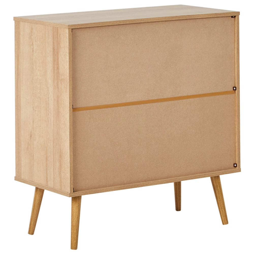 Credenza a 2 ante in truciolato marrone chiaro con gambe in legno di pino 1 ripiano con frontale in vetro Stile minimalista