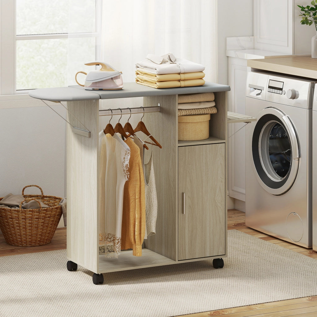 Mobile Asse da Stiro in Effetto Lino Armadietto e Barra per Vestiti 127x42,5x99 cm Grigio e Color Legno