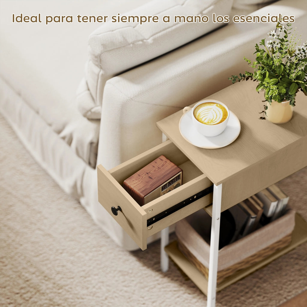 Tavolino con Cassetto e Ripiano Aperto ¨C Zephmum ¨C 25x39,8x58,2 cm Legno Naturale Metallo
