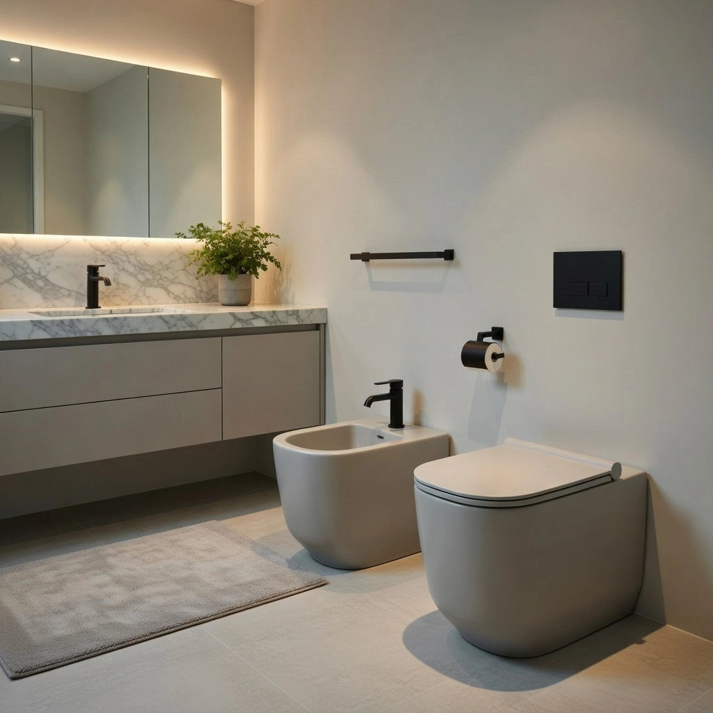 Sanitari filomuro WC e Bidet in Ceramica Copriwater soft-close Ceramiche Dolomite serie ALBA - Grigio Cemento