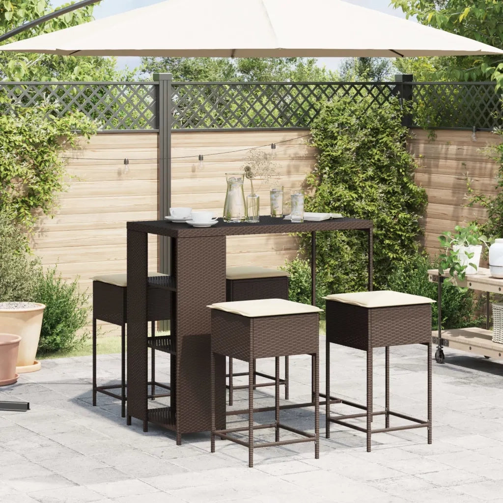 Set Bar da Giardino 5 pz | Set Salotto da Giardino con Cuscini in Polyrattan Marrone