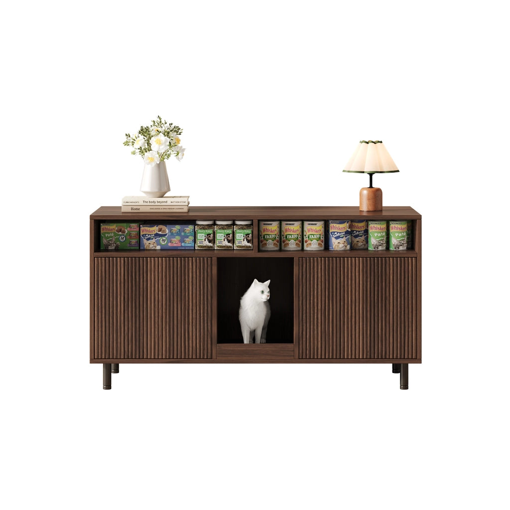 Mobile copriletteriera per gatti 120x50x66 cm con ripiani e tappetino raccogli sabbia; noce