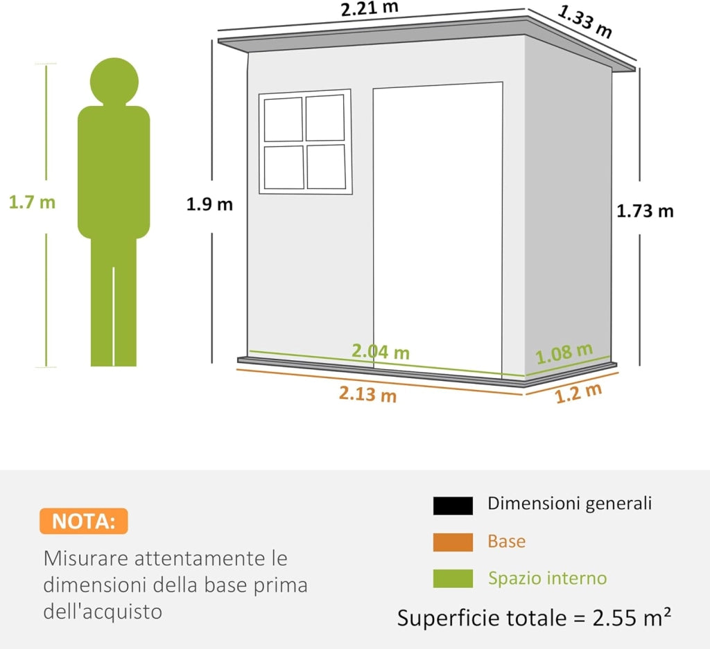 Casetta da Giardino Porta Attrezzi in Lamiera Acciaio Zincato, 2.55m² Capanno da Giardino con Porta Blocco Tetto Inclinato, Capannone per Prato, Patio, Cortile, Esterno, 221x133x190cm, Grigio