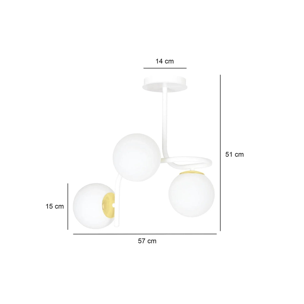 Lampadario 3 Luci Kalf In Acciaio Bianco A Bracci E Sfere In Vetro Opalino E Oro