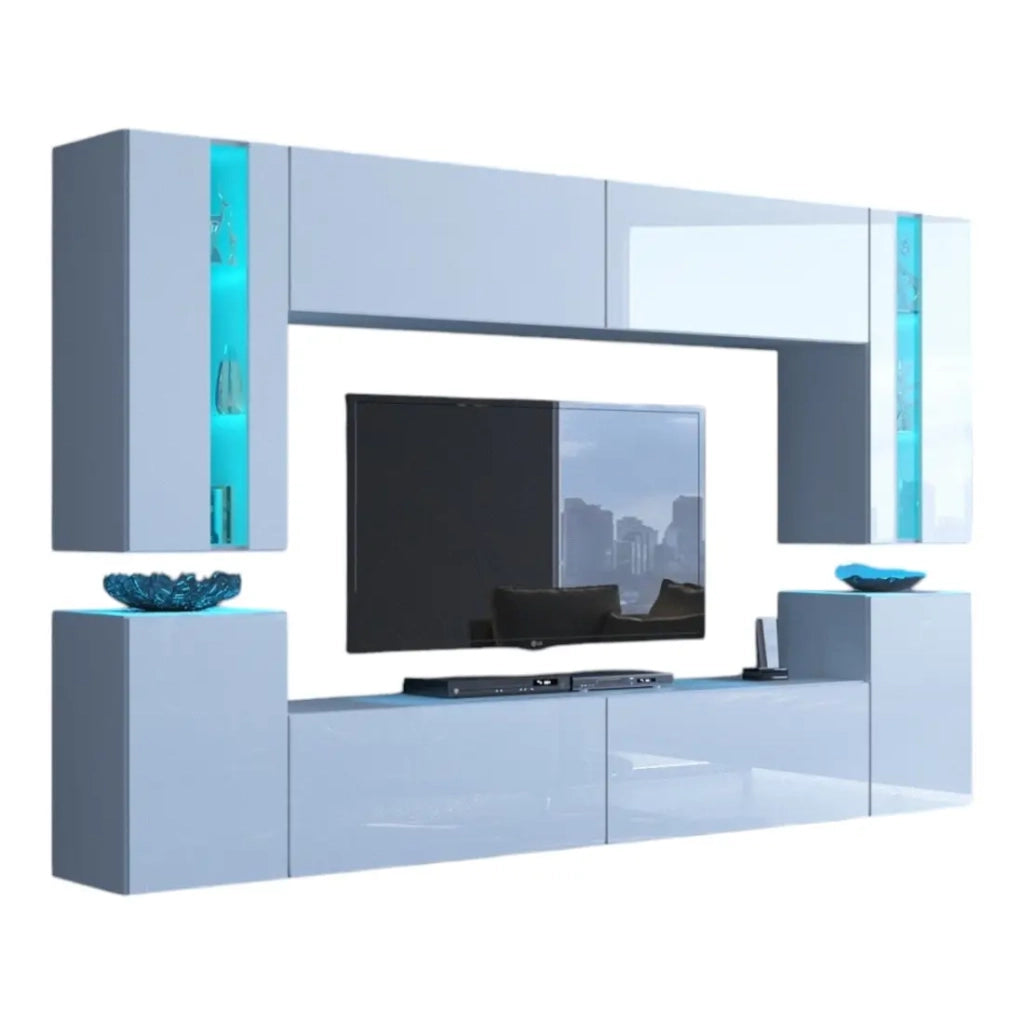 Set di mobili da soggiorno bianchi sospesi collezione CEPTO XXIV. 256cm, 8 pezzi, con LED, modulari.
