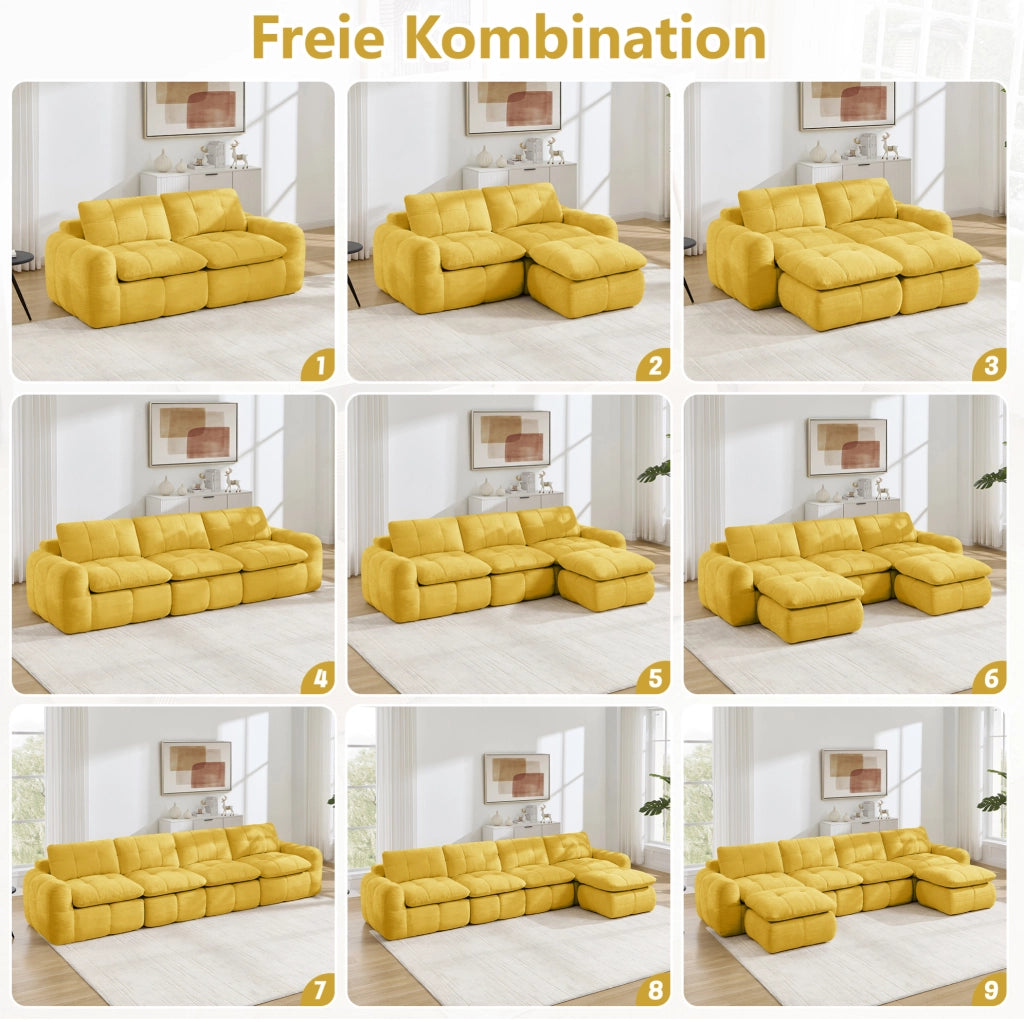 Divano modulare angolare a L 4 posti con pouf 334x160x68 cm in chenille gialla