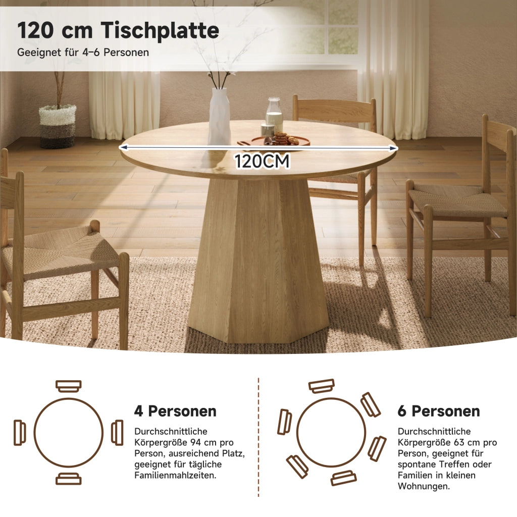 Tavolo da pranzo rotondo per 4-6 persone in MDF effetto rovere, stile scandinavo, per interni, diametro 120 cm