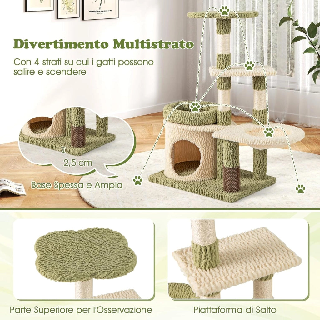 Tiragraffi per Gatto Alto 100 cm, Albero Tiragraffi Gatto con 3 Pali in Sisal, 4 Piattaforme e Grotta, Cuccia Albero Gatto Rivestito in Peluche, Verde e Bianco