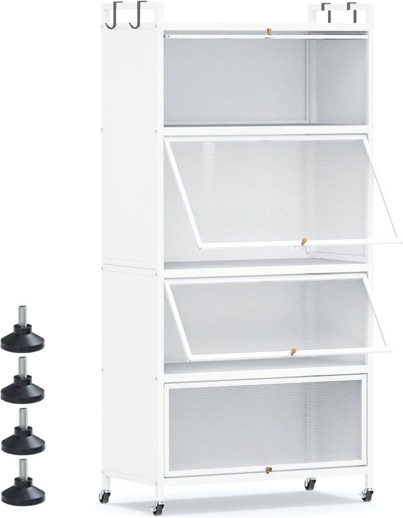 Mobiletto da Cucina a 5 Ripiani su Ruote, Armadio da Cucina con Ante a Ribalta e 4 Ruote Universali, Supporto per Microonde con Kit Anti-Ribaltamento, 80,5x40x162 cm (Nero)