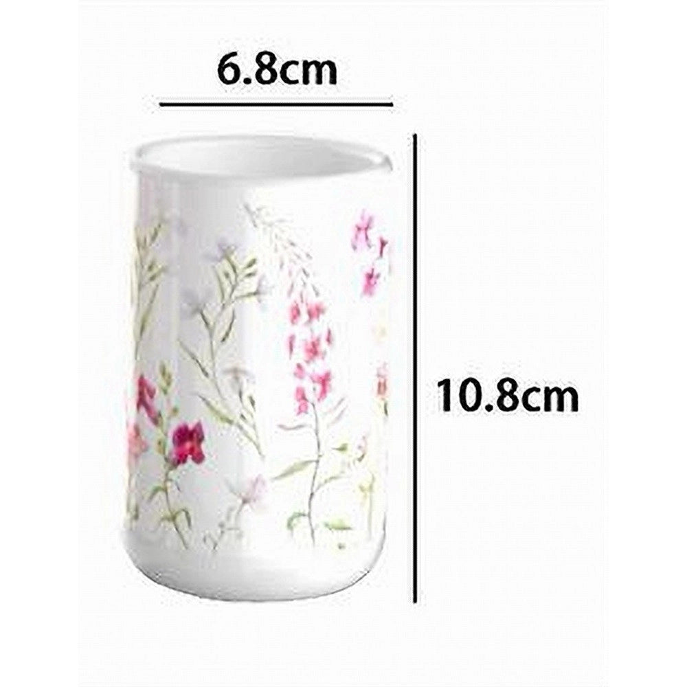 Trade Shop - Bicchiere Porta Spazzolino Bianco Con Fiori In Ceramica Accessorio Bagno 69918 -