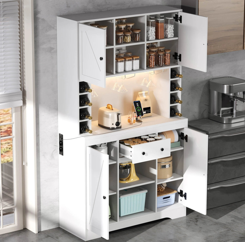 Credenza da cucina 105x40x180 cm con LED controllato da app; presa integrata e portabicchieri bianca