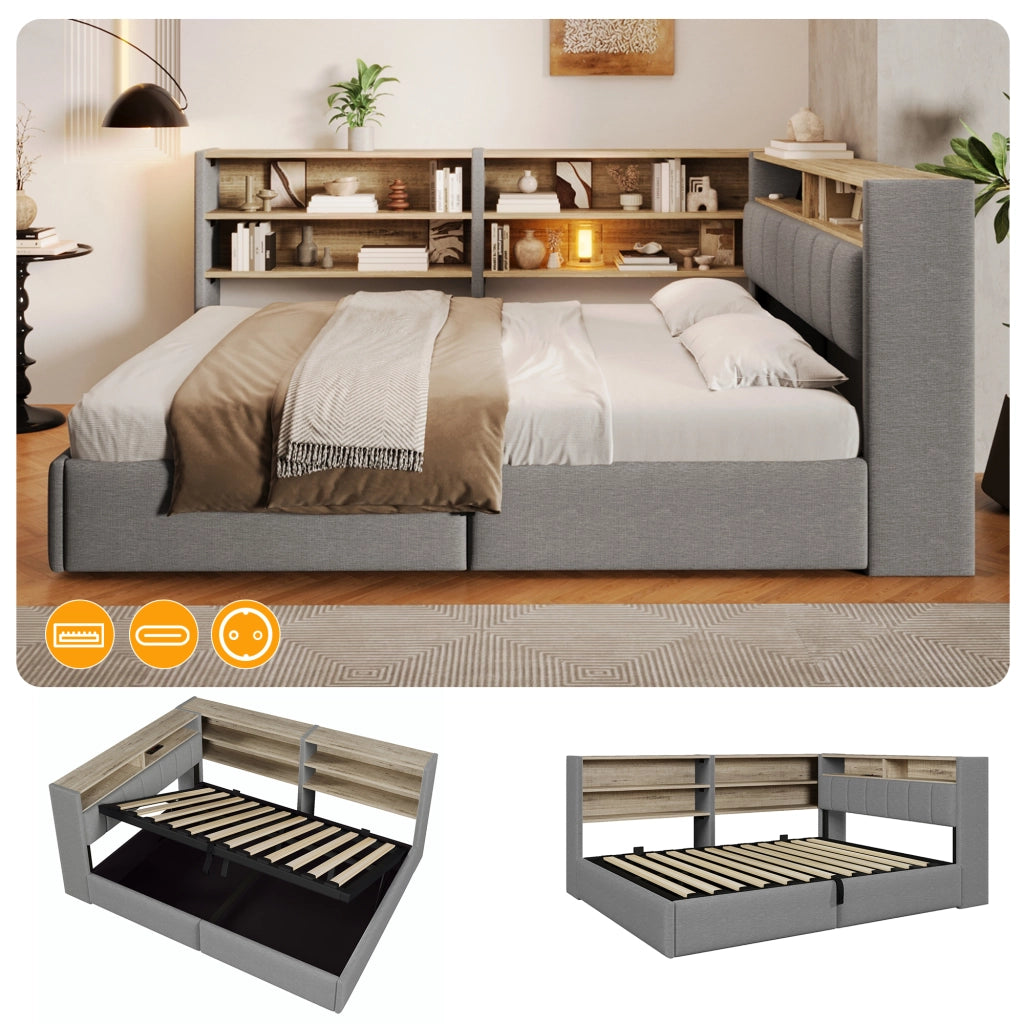 Letto Contenitore Matrimoniale LEMONMAX 140x200 cm con Sollevamento Idraulico, LED APP, USB-A/USB-C e Modulo Laterale, Velluto Grigio