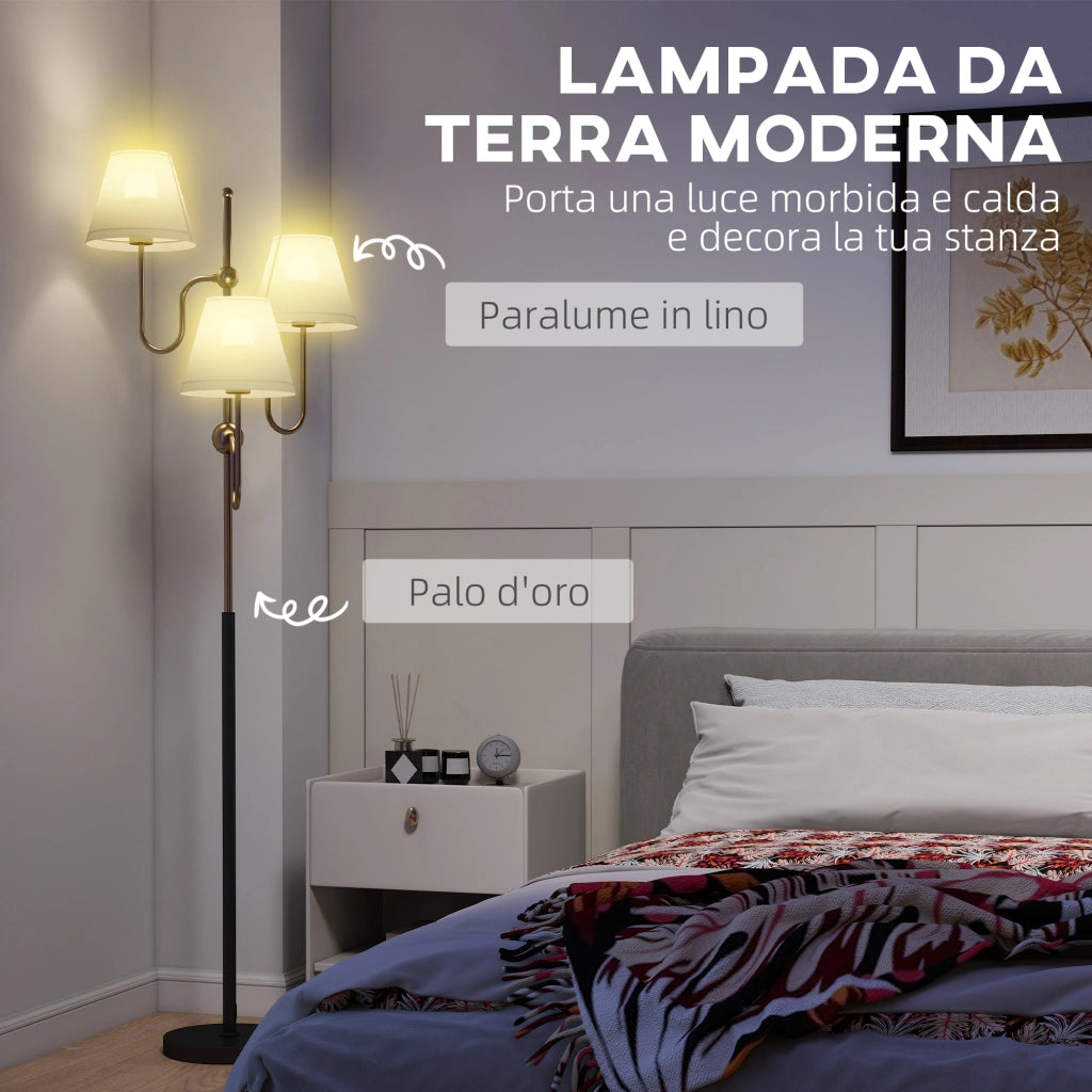 Lampada da Terra Alta con 3 Punti Luce Attacco E27 e Interruttore a Pedale 54x54x165 cm Base in Metallo Oro
