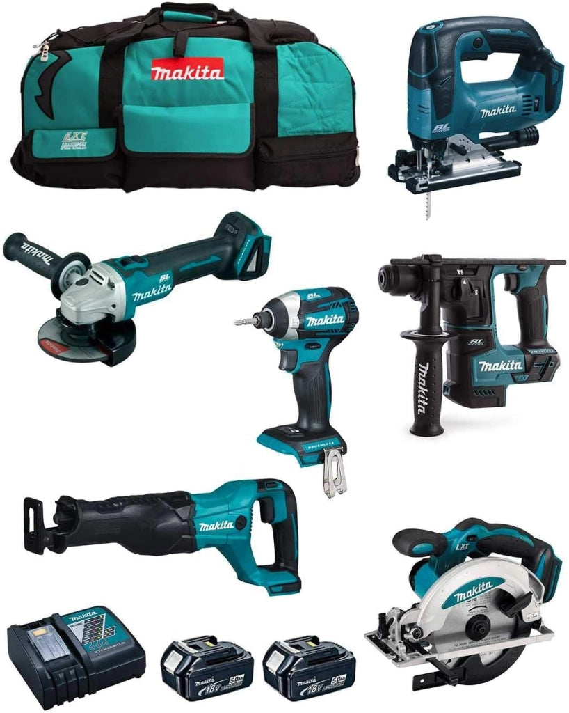 MAKITA Kit MK602 (DHR171 + DGA504 + DTD154 + DJR186 + DJV182 + DSS610 + 2 Batterie 5,0 Ah + Caricabatterie + 2 x LXT600)