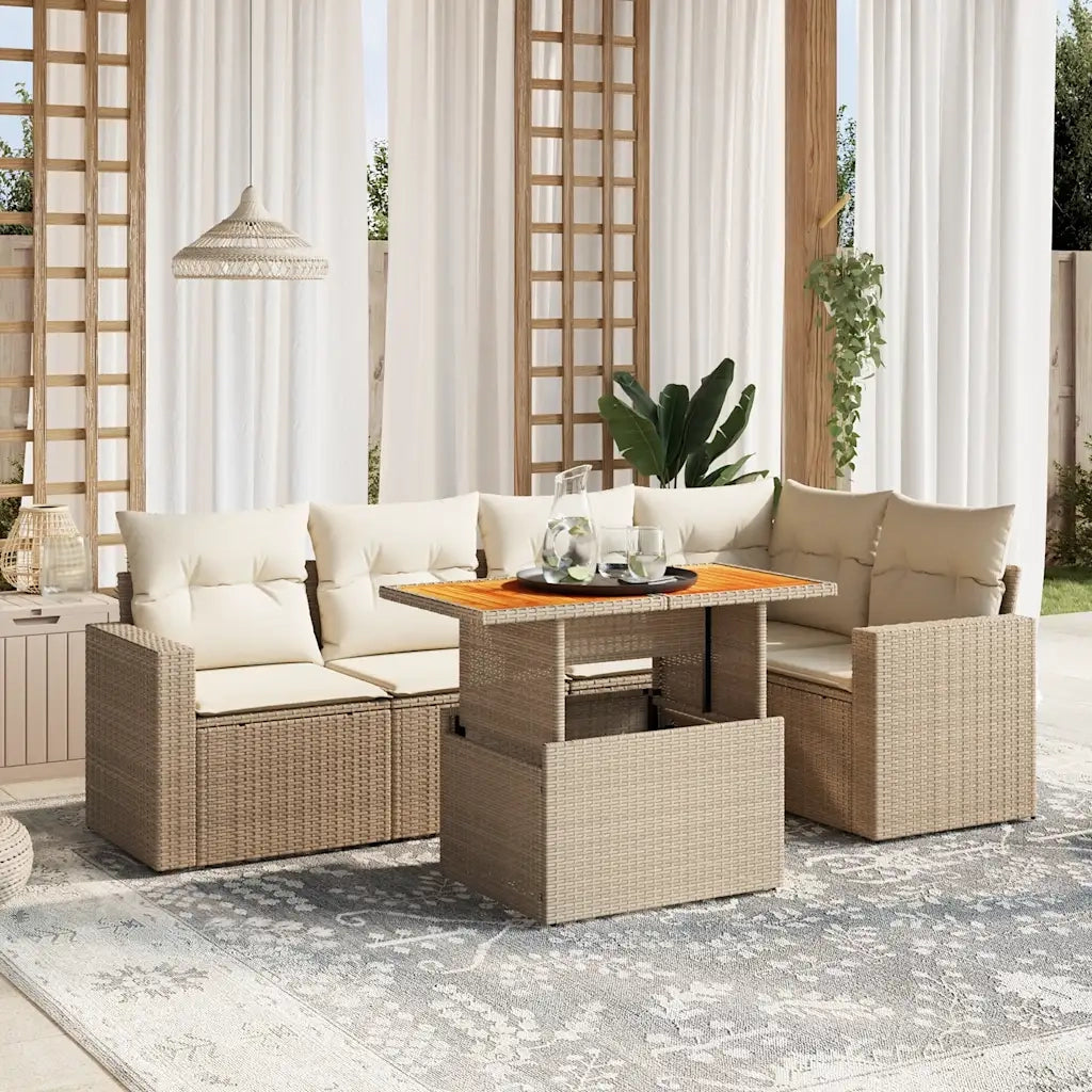 Set Divano da Giardino 6 pz con Cuscini Beige in Polyrattan