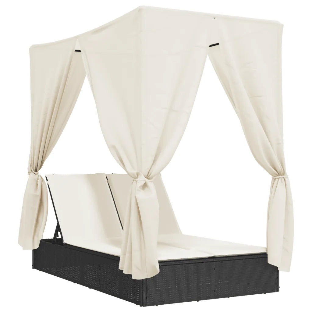Lettino Prendisole con Tetto e Tende Nero in Polyrattan 368072