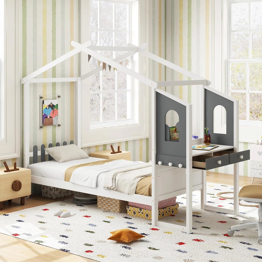 Telaio per letto a forma di casa con scrivania, letto capanna per bambini con vassoio rimovibile, cassetti, ganci, doghe in legno, per ragazzi e ragazze, nessuna rete necessaria (90 x 200 cm)