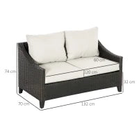 Divano da Giardino 2 Posti in Rattan PE con Cuscini, 132x70x74cm, Marrone