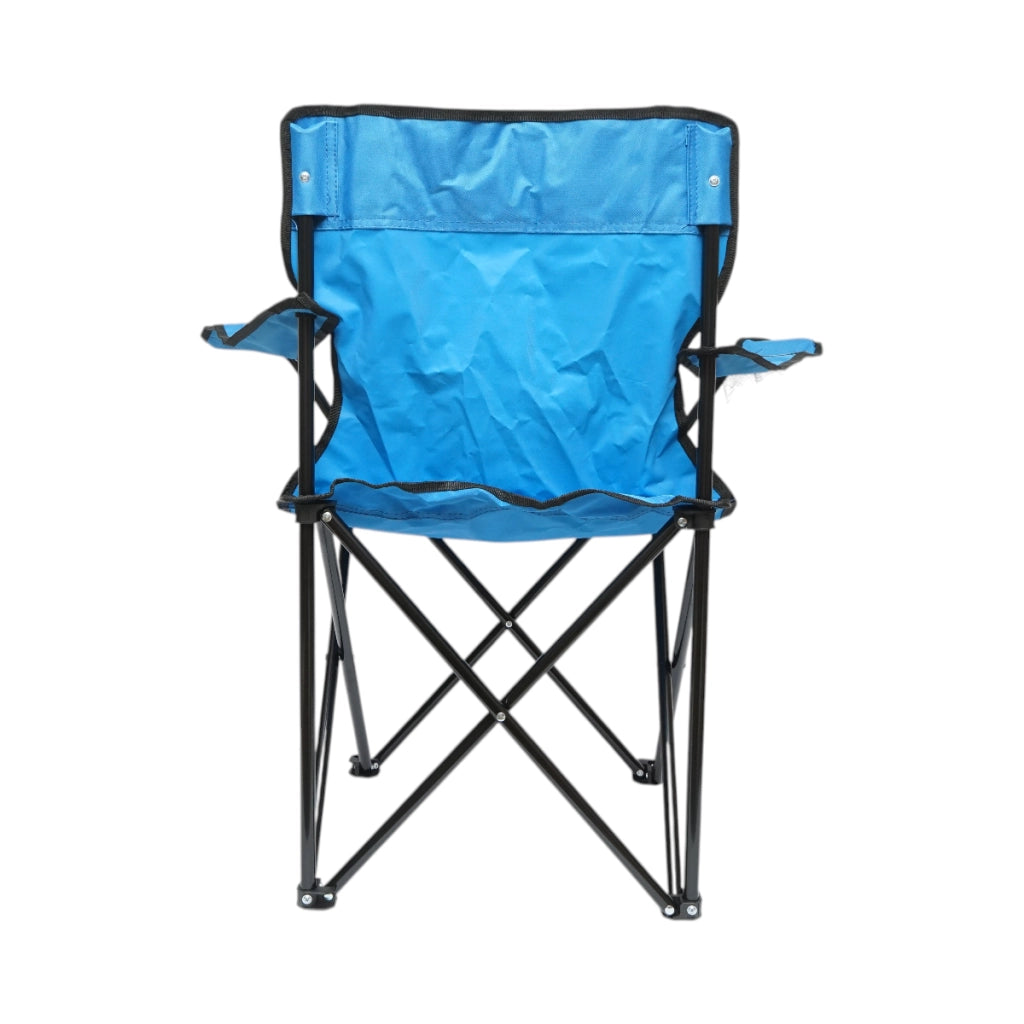 Sedia da campeggio pieghevole blu con portabicchiere, custodia per il trasporto, struttura metallica 50x80x80 cm.