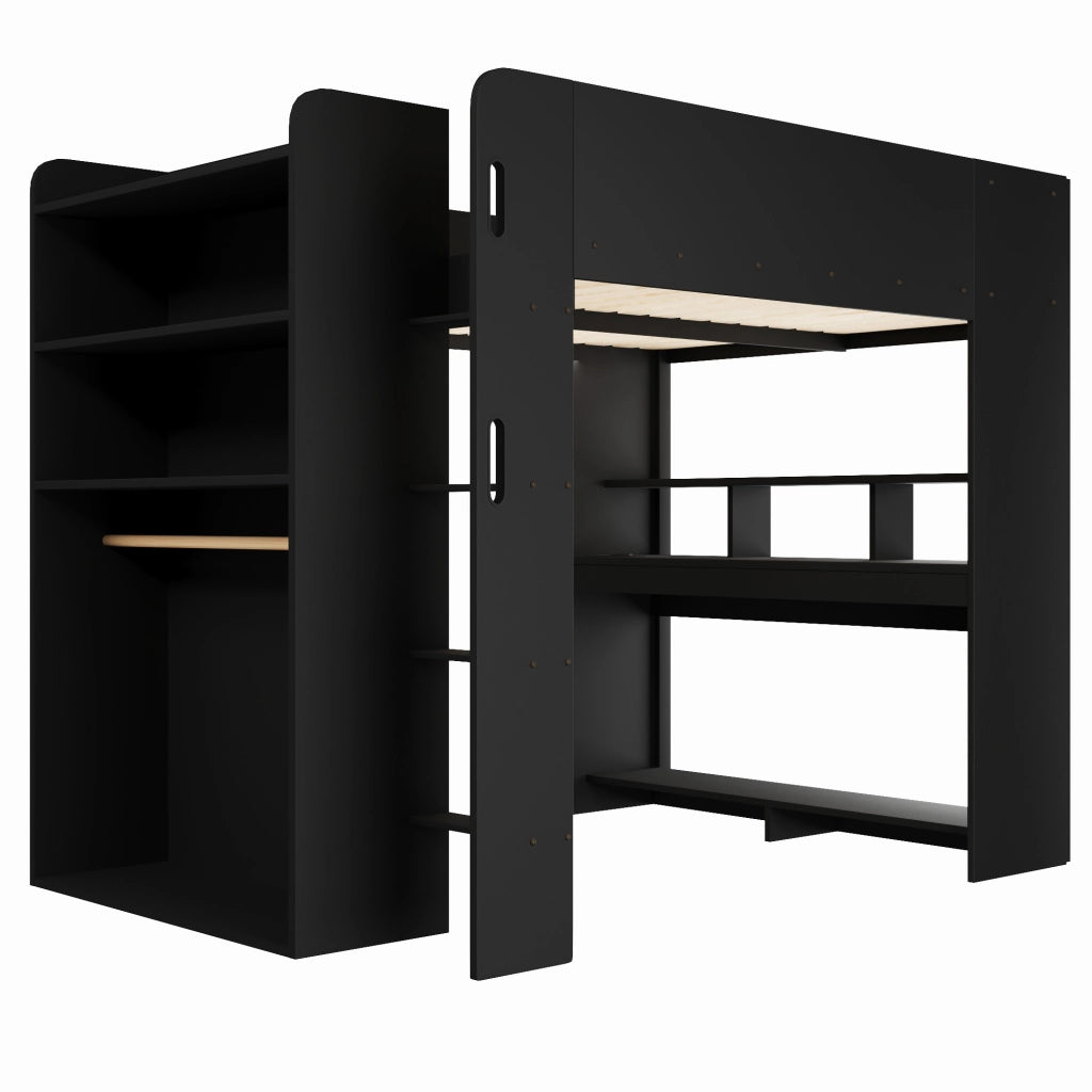 Letto a soppalco 140x200 cm nero con scrivania e armadio in compensato e MDF