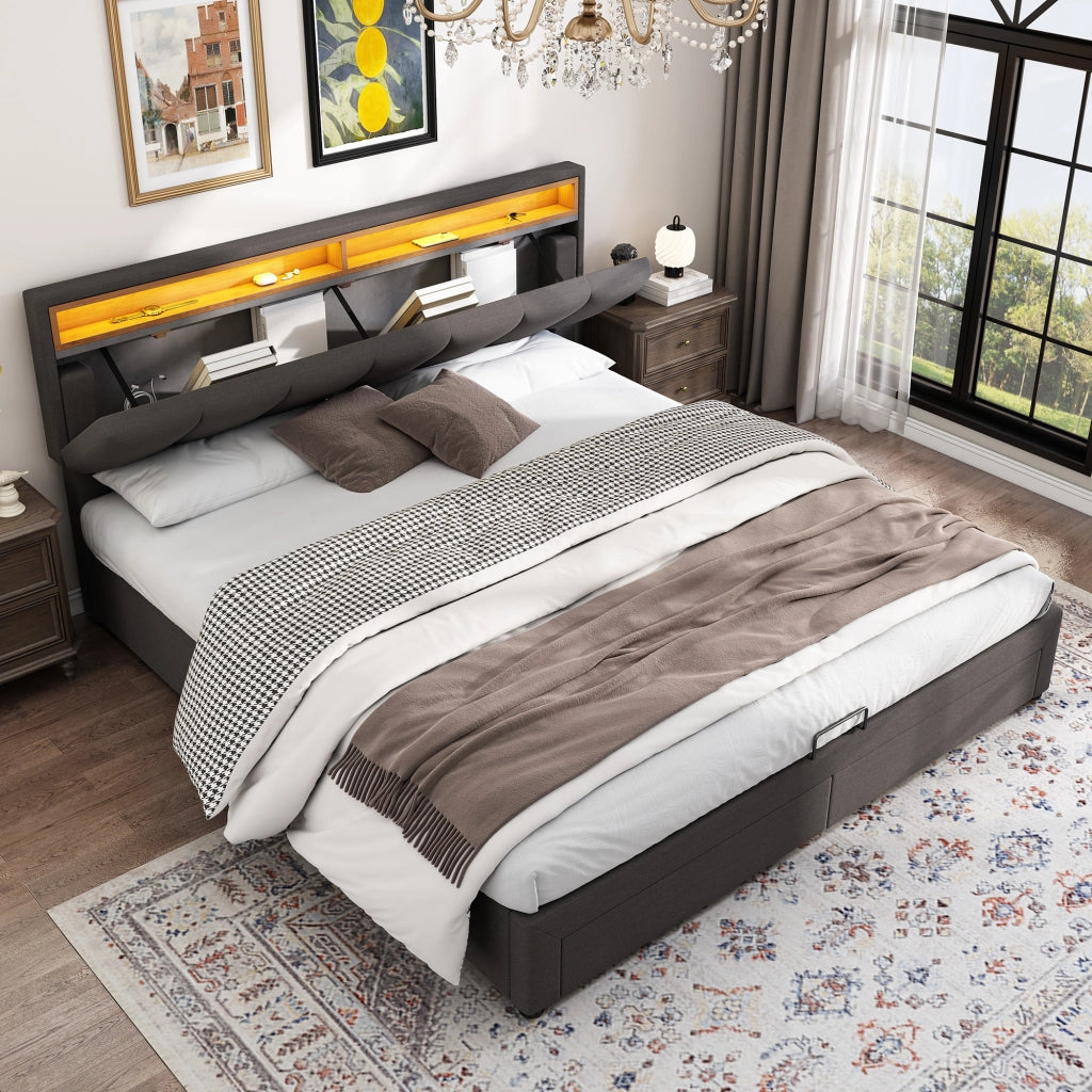 DESMIU Letto imbottito 160 × 200 cm 2 posti con LED, testiera, senza materasso, grigio scuro