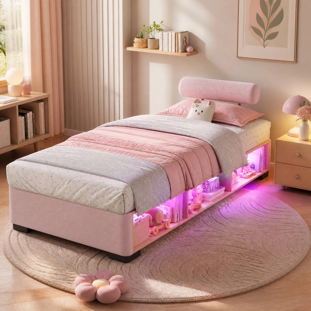 Letto imbottito per bambini rosa 90x200 cm con scaffale LED e spazio contenitore