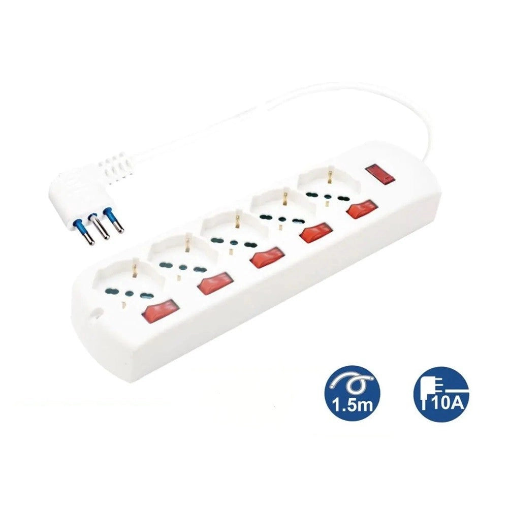 Trade Shop - Multipresa 5 Uscite Universali Schuko + 5 Interruttori Spina 10a Cavo 1.5mt 80705 -